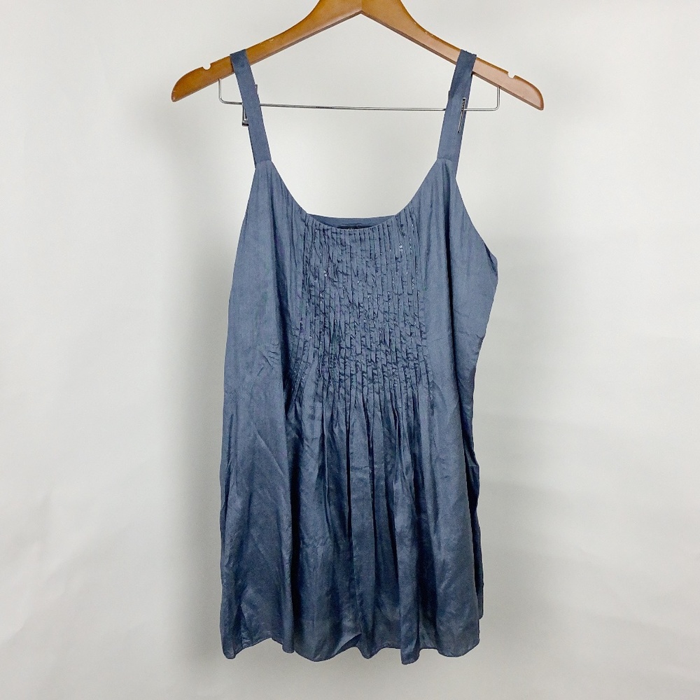 😎 Eileen Fisher Blue Pleated Pintuck Silk Tank